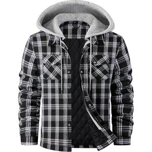 Men's Cotton Plaid Shirts Jacket Fleece Lined Flannel Shirts with Hood